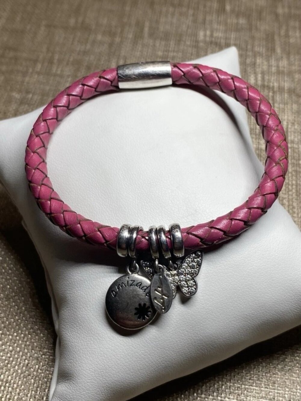 Vivara Sterling Silver 925 Charm Bracelet Pink Braided Leather Butterfly Life
